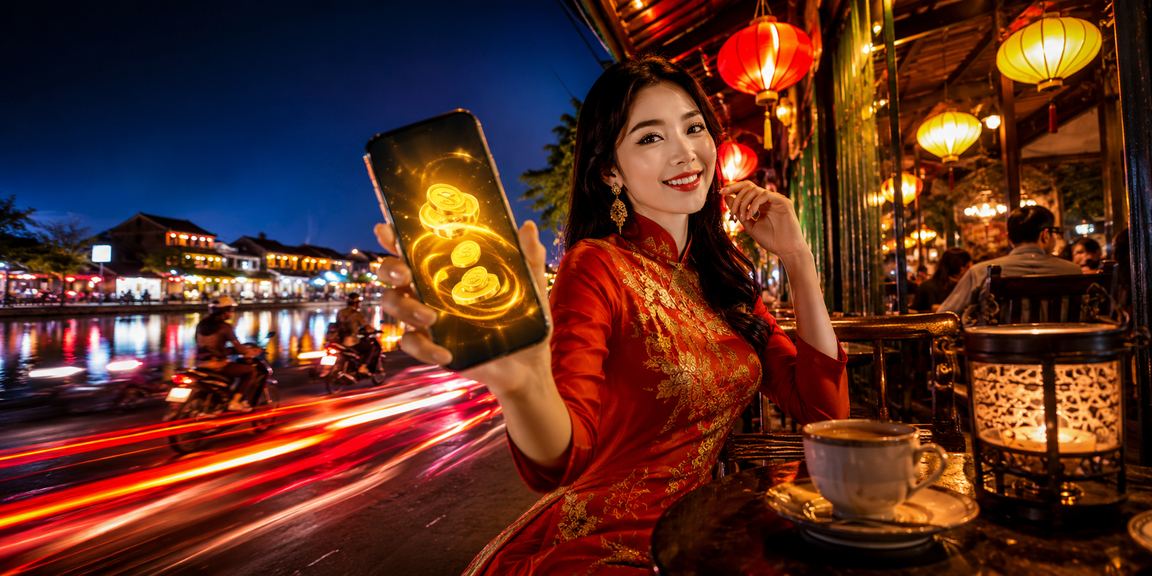Người dùng Hội An thư giãn buổi sáng với cà phê và đọc phân tích kèo thể thao trực tuyến