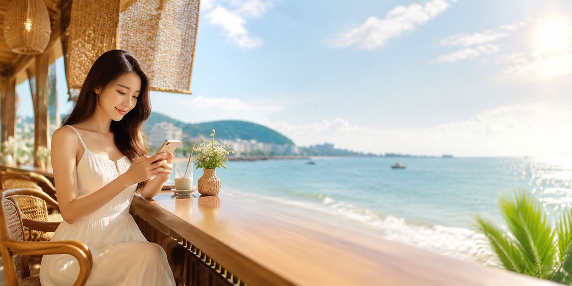 Người phụ nữ đội nón lá tại Vũng Tàu sử dụng điện thoại truy cập nền tảng casino trực tuyến